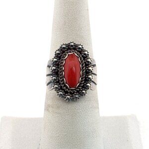 Estate Sterling Silver 925 Ring Red Coral Cabochon Oval Floral Size 7, 4.7g